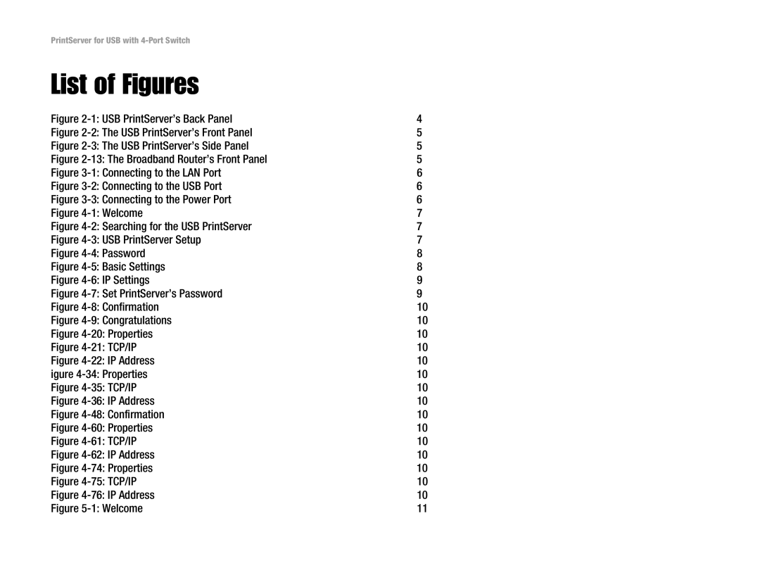 Linksys PSUS4 manual List of Figures, USB PrintServer’s Back Panel 