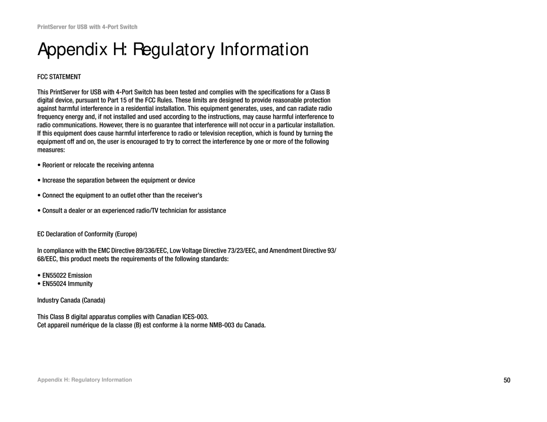 Linksys PSUS4 manual Appendix H Regulatory Information, FCC Statement 