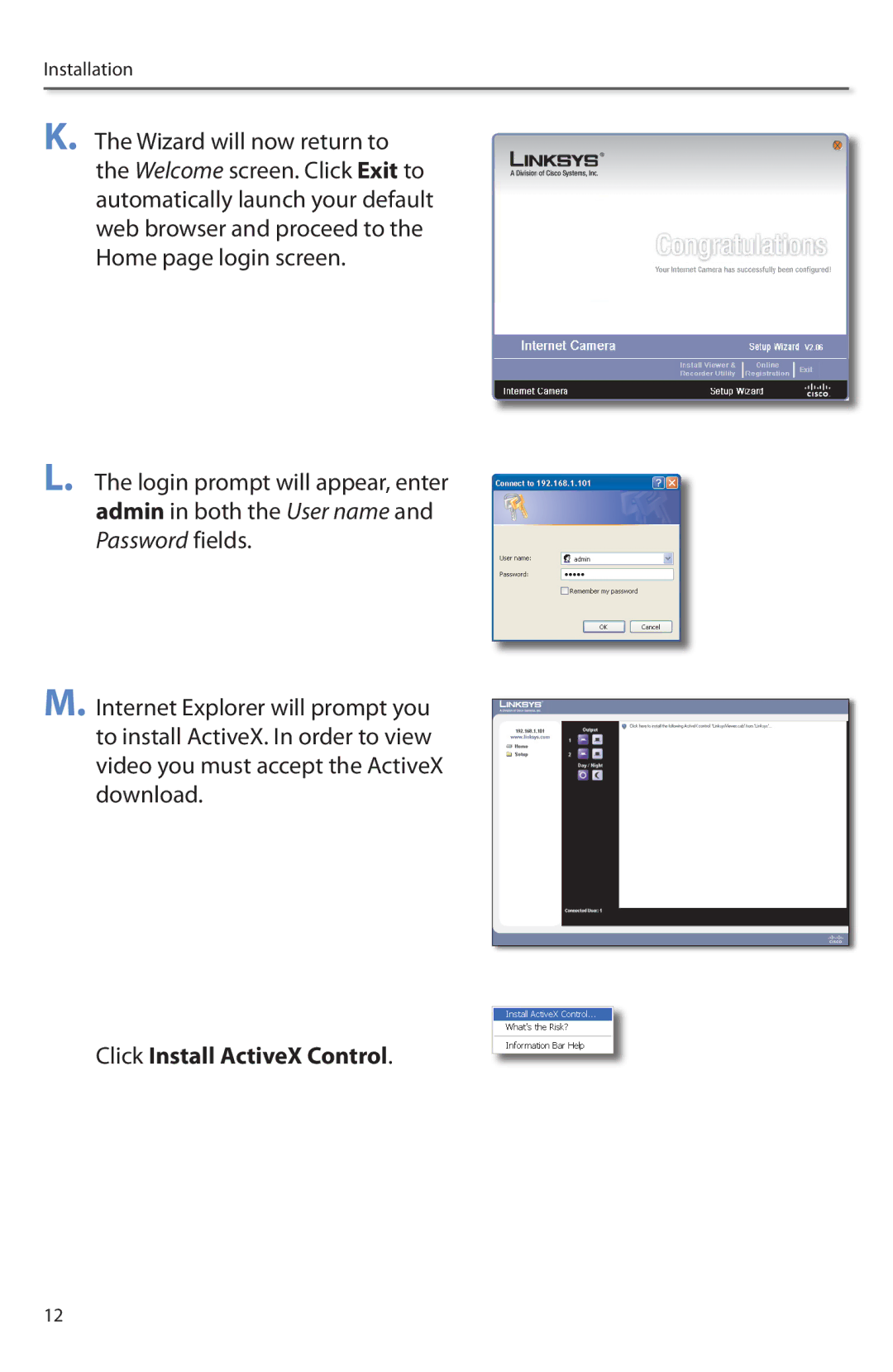 Linksys PVC2300 manual Click Install ActiveX Control 