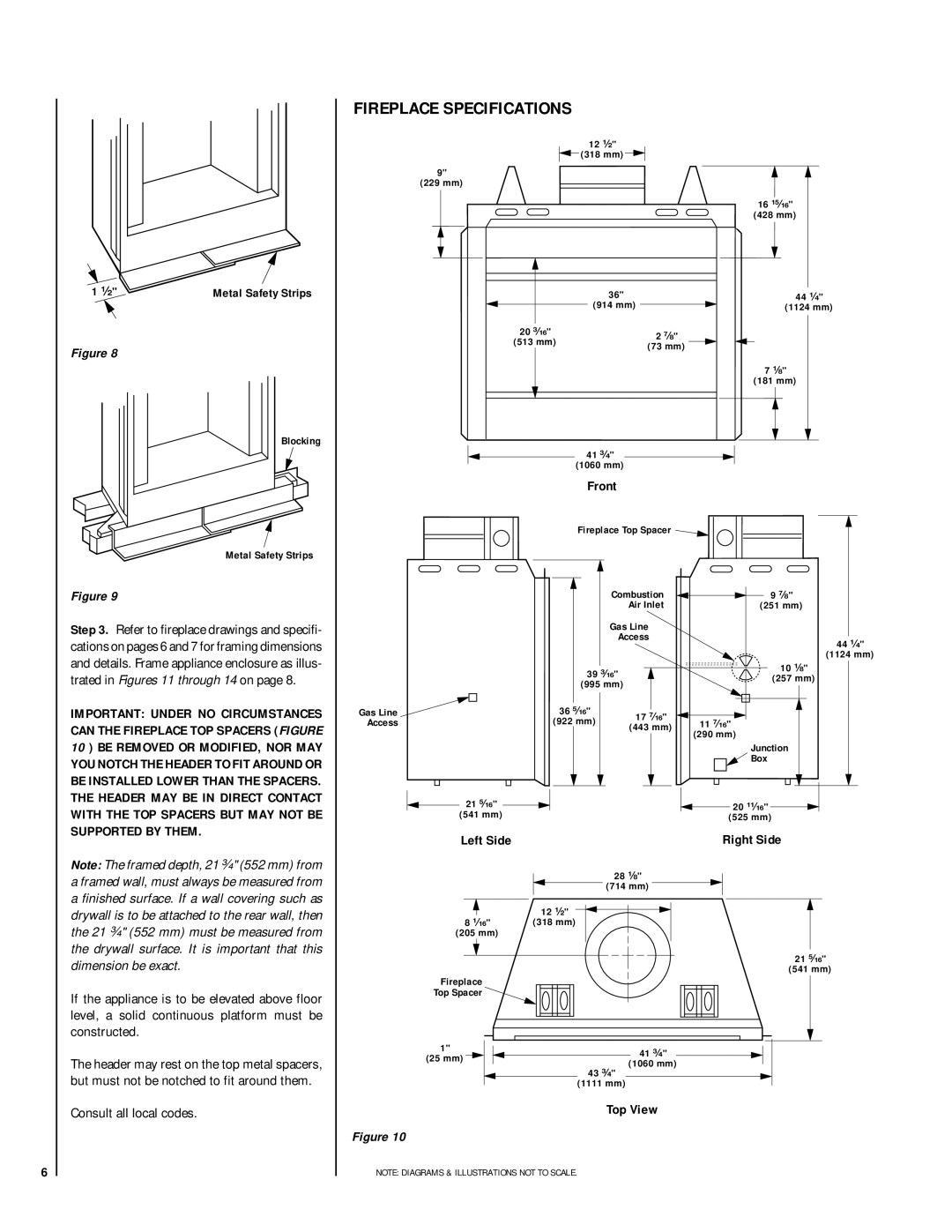 Linksys RDI-36-H HCI-36-H installation instructions Fireplace Specifications, Front, Left Side, Right Side, Top View 