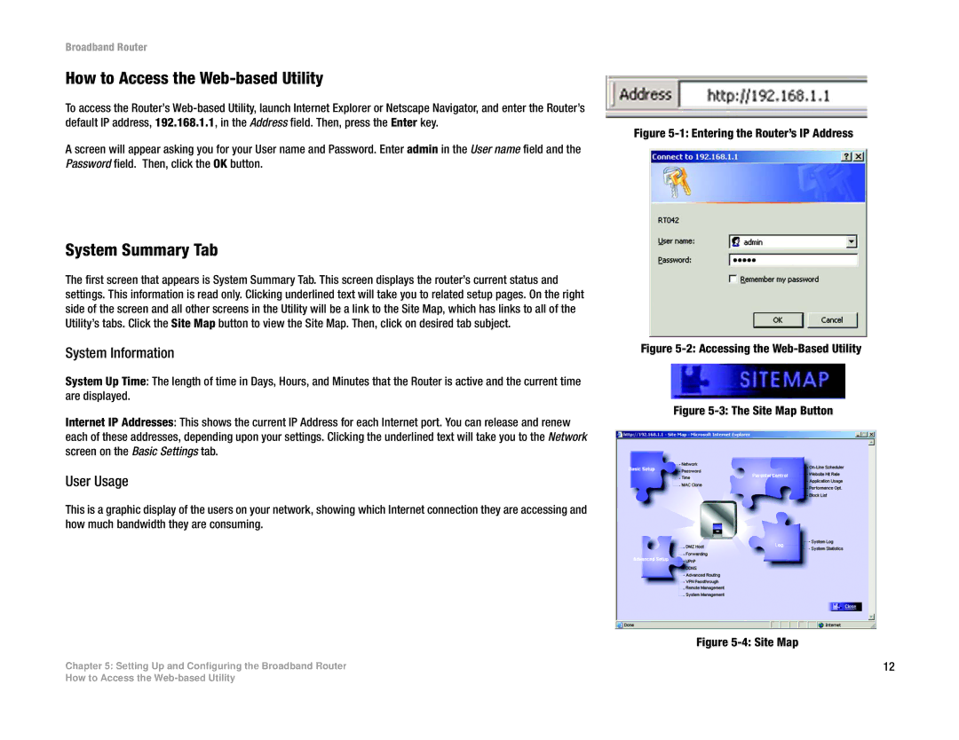 Linksys RT042 manual How to Access the Web-based Utility, System Information, User Usage 