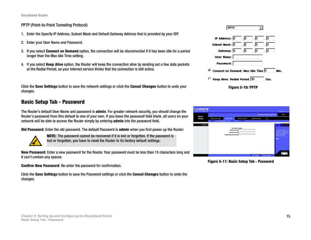 Linksys RT042 manual Basic Setup Tab Password, Pptp Point-to-Point Tunneling Protocol 