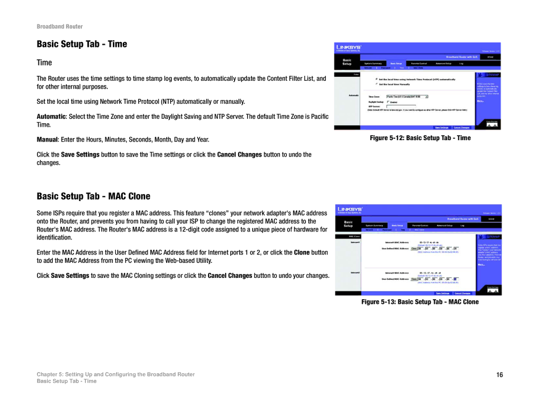 Linksys RT042 manual Basic Setup Tab Time, Basic Setup Tab MAC Clone 