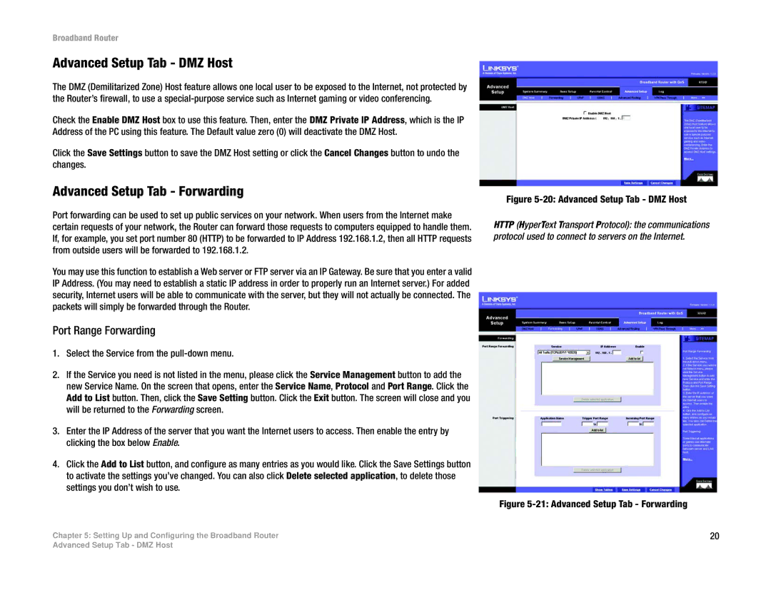 Linksys RT042 manual Advanced Setup Tab DMZ Host, Advanced Setup Tab Forwarding, Port Range Forwarding 