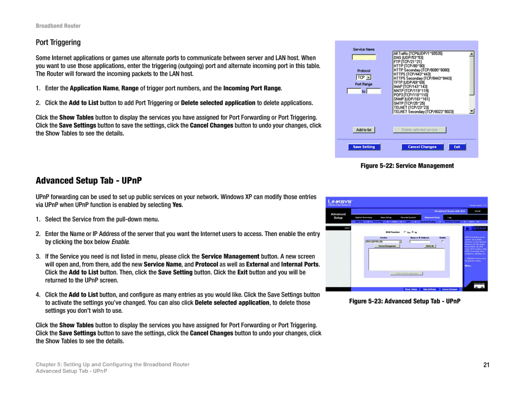 Linksys RT042 manual Advanced Setup Tab UPnP, Port Triggering 