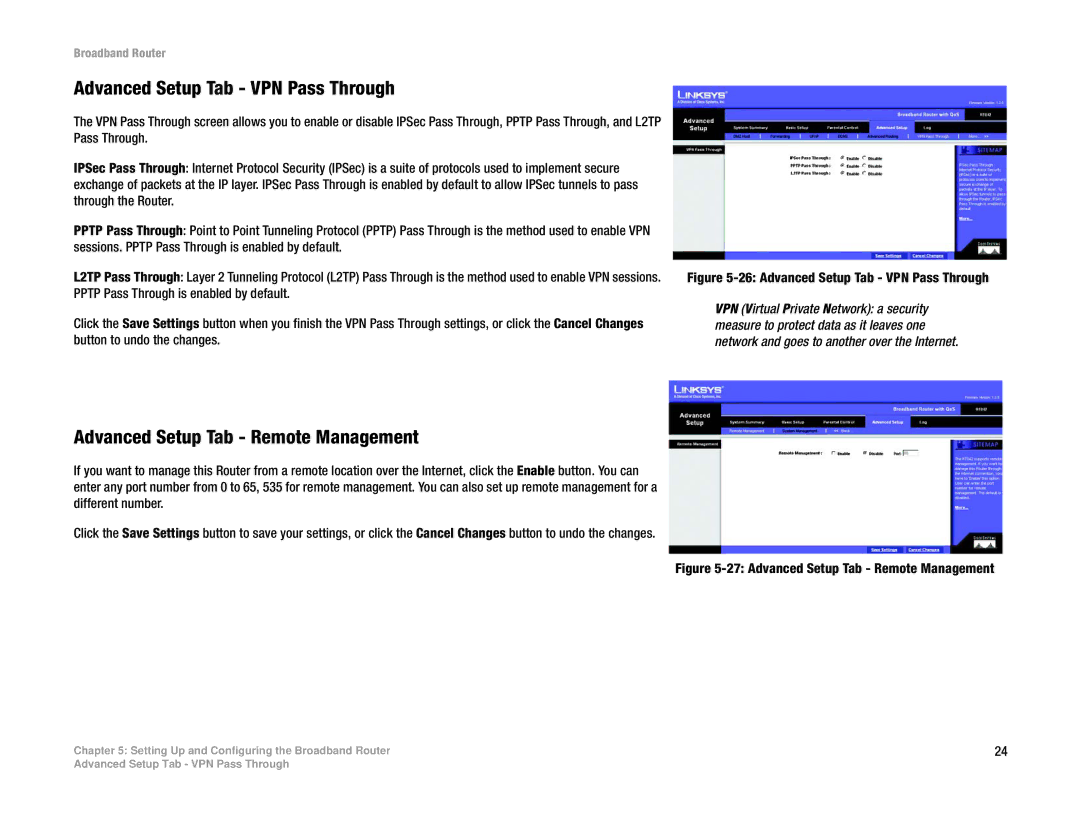 Linksys RT042 manual Advanced Setup Tab VPN Pass Through, Advanced Setup Tab Remote Management 