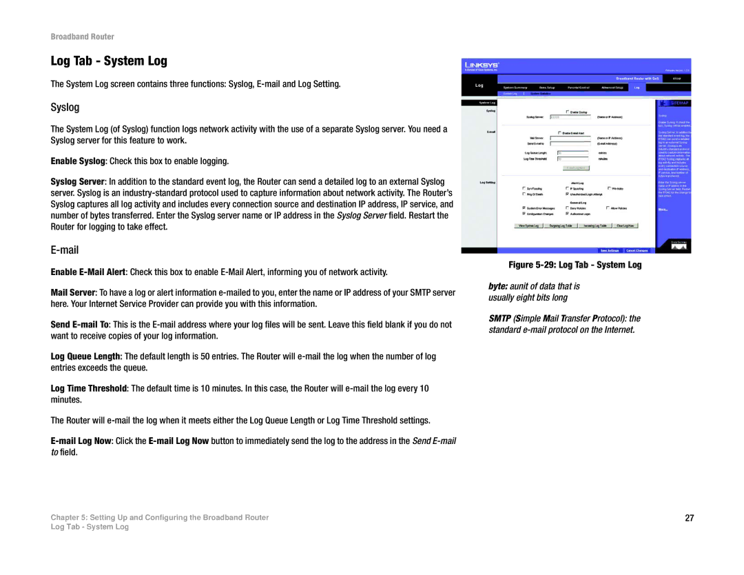 Linksys RT042 manual Log Tab System Log, Syslog, Mail 