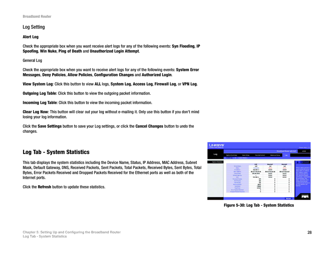 Linksys RT042 manual Log Tab System Statistics, Log Setting 