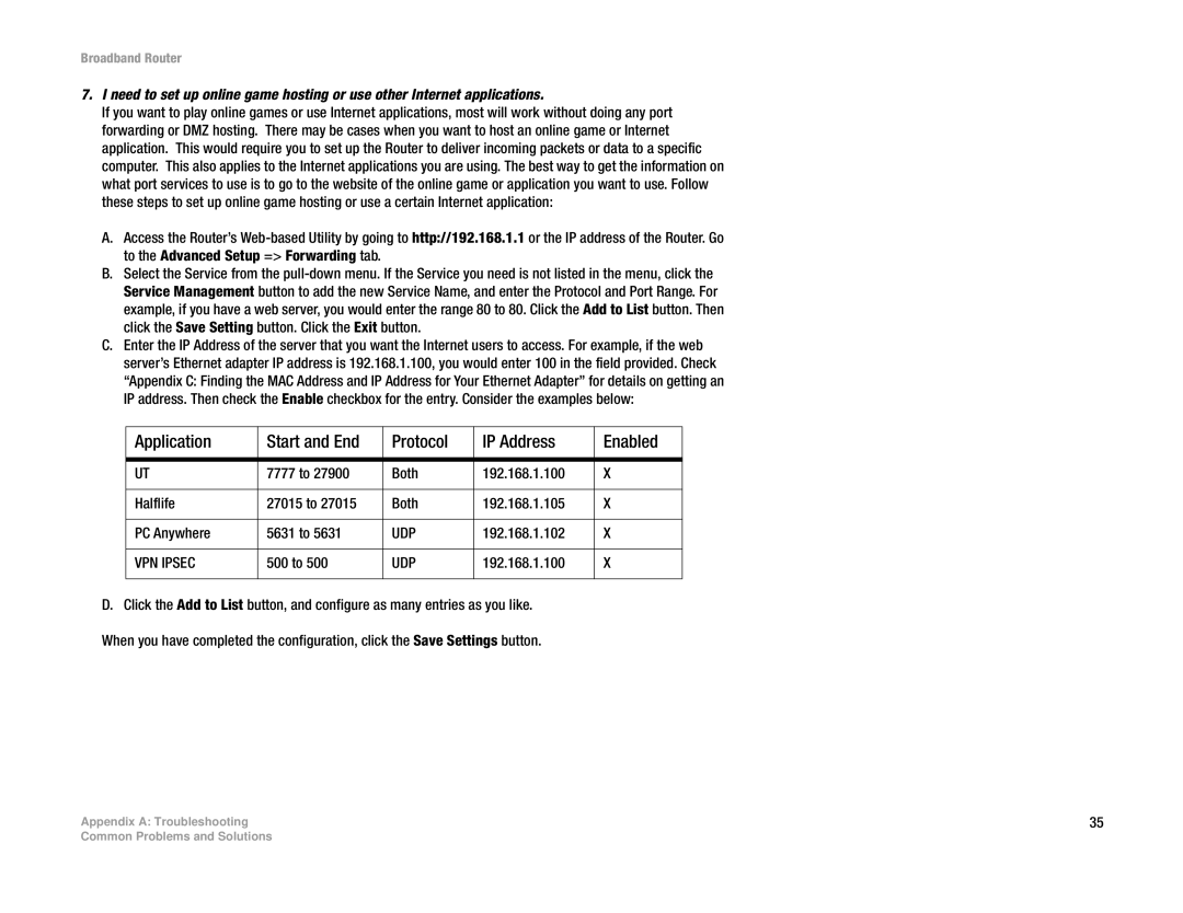 Linksys RT042 manual Application Start and End Protocol IP Address Enabled 