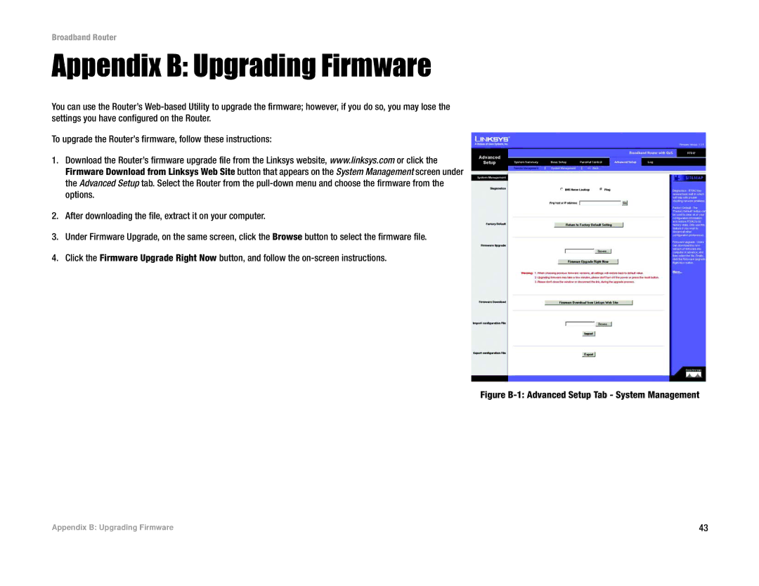 Linksys RT042 manual Appendix B Upgrading Firmware, Figure B-1 Advanced Setup Tab System Management 