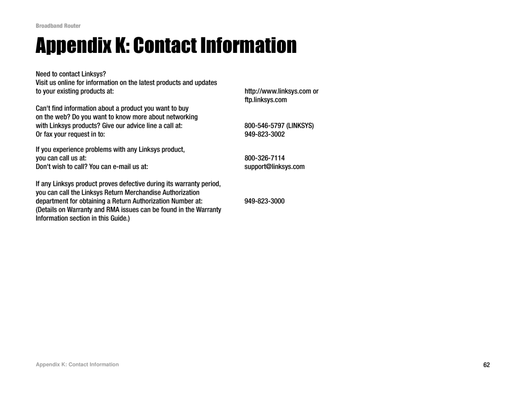 Linksys RT042 manual Appendix K Contact Information 