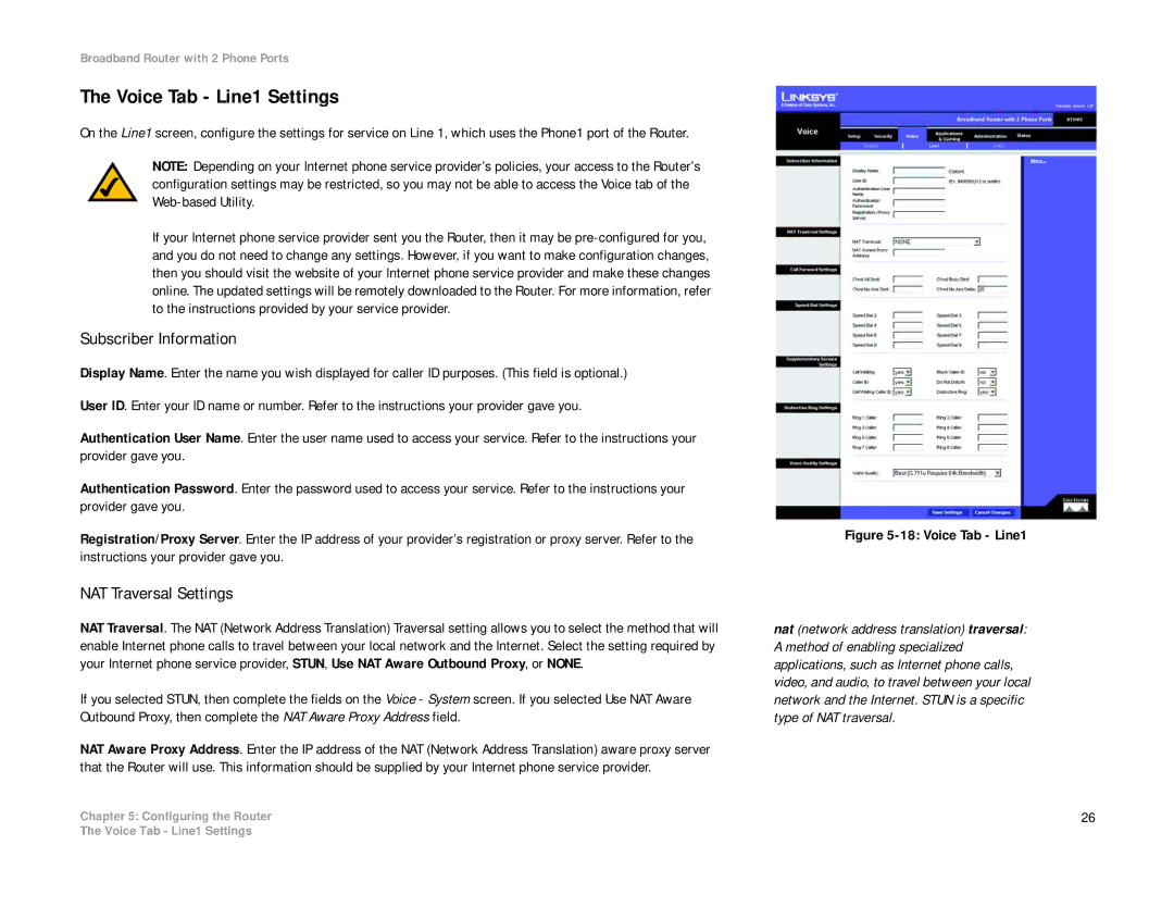 Linksys RT31P2-NA manual Voice Tab Line1 Settings, Subscriber Information, NAT Traversal Settings 