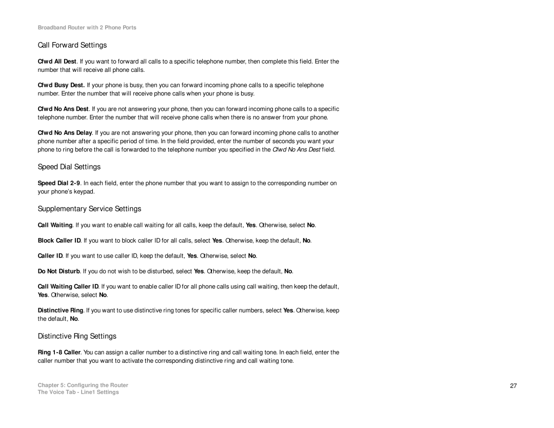 Linksys RT31P2-NA Call Forward Settings, Speed Dial Settings, Supplementary Service Settings, Distinctive Ring Settings 