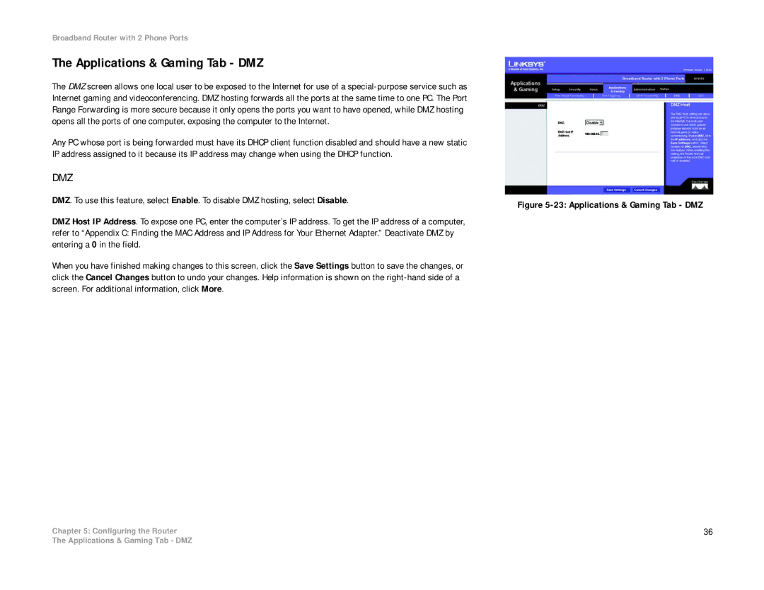 Linksys RT31P2-NA manual Applications & Gaming Tab DMZ, Dmz 