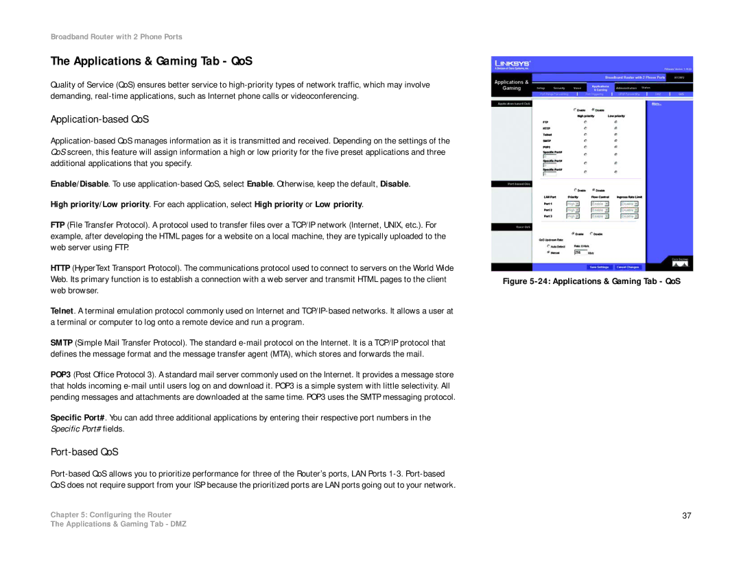 Linksys RT31P2-NA manual Applications & Gaming Tab QoS, Application-based QoS, Port-based QoS 