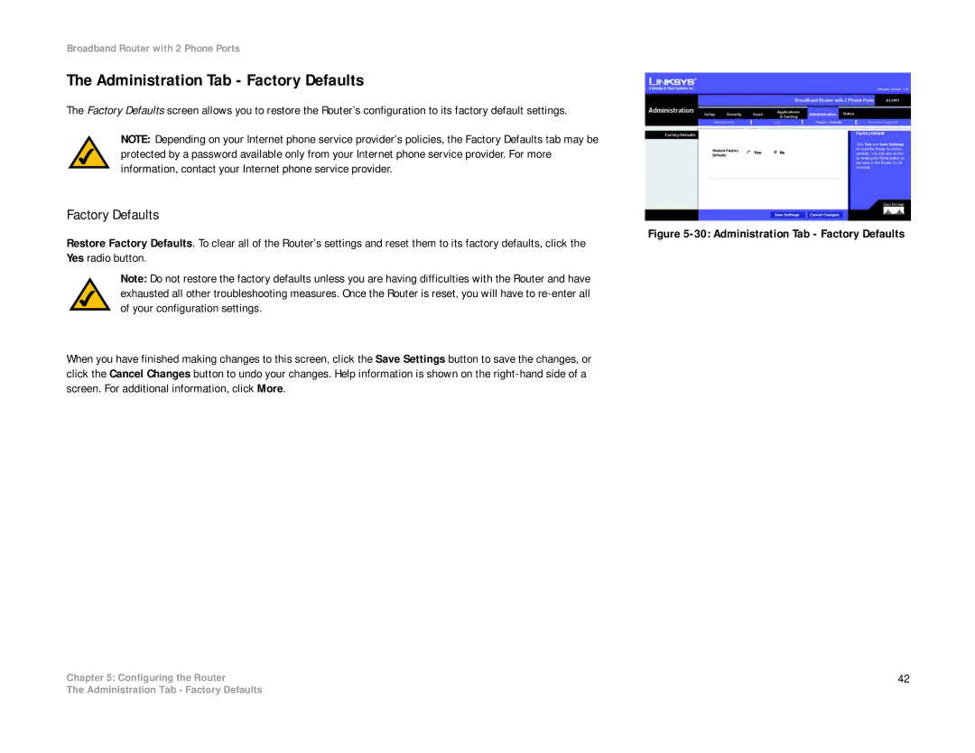 Linksys RT31P2-NA manual Administration Tab Factory Defaults 