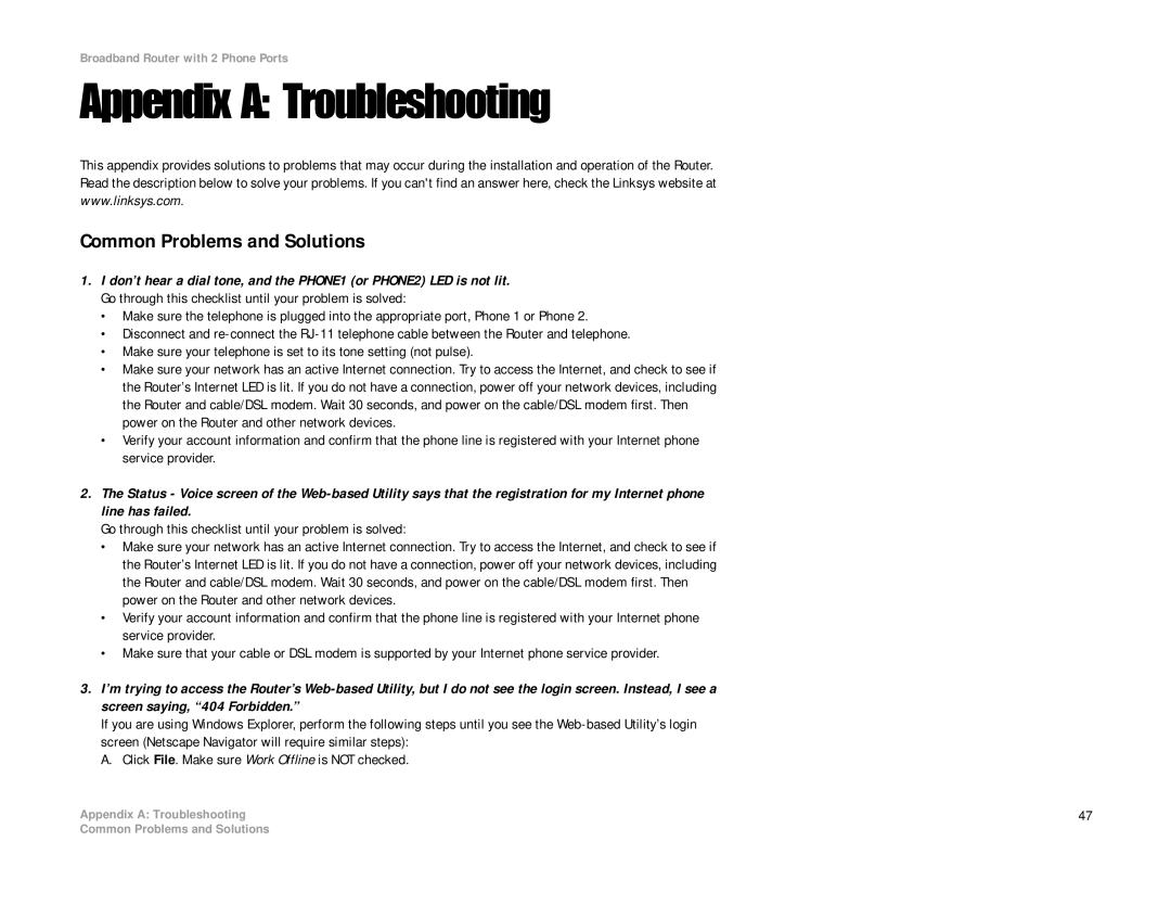 Linksys RT31P2-NA manual Appendix a Troubleshooting, Common Problems and Solutions 