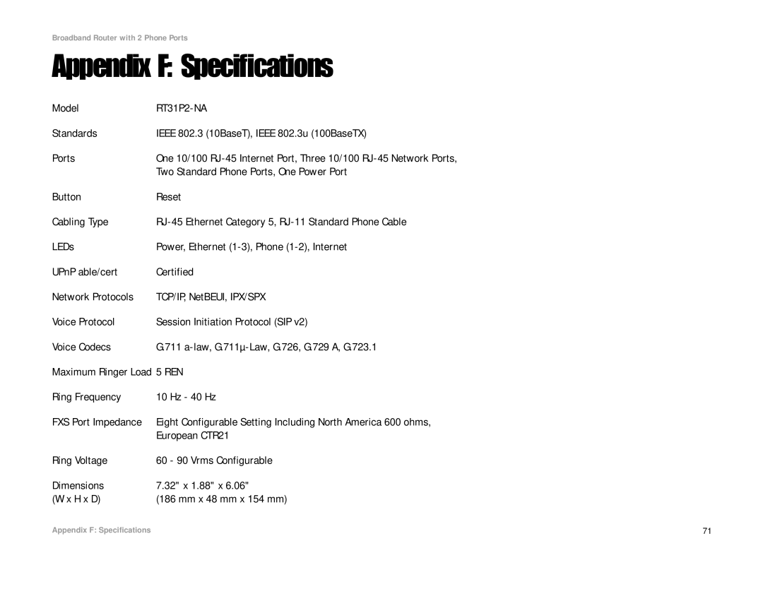 Linksys RT31P2-NA manual Appendix F Specifications 