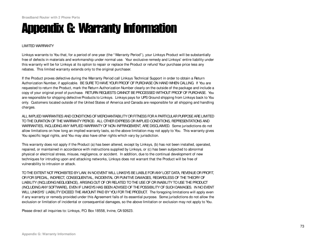 Linksys RT31P2-NA manual Appendix G Warranty Information, Limited Warranty 