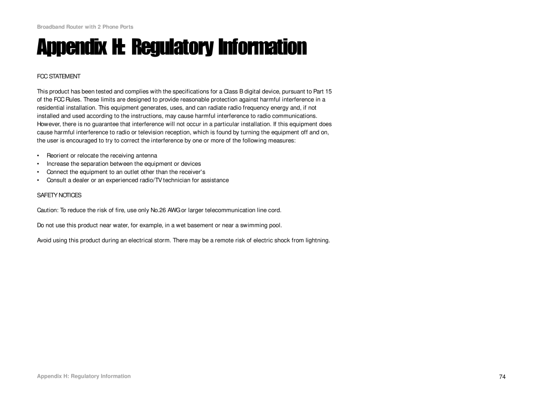 Linksys RT31P2-NA manual Appendix H Regulatory Information, FCC Statement 