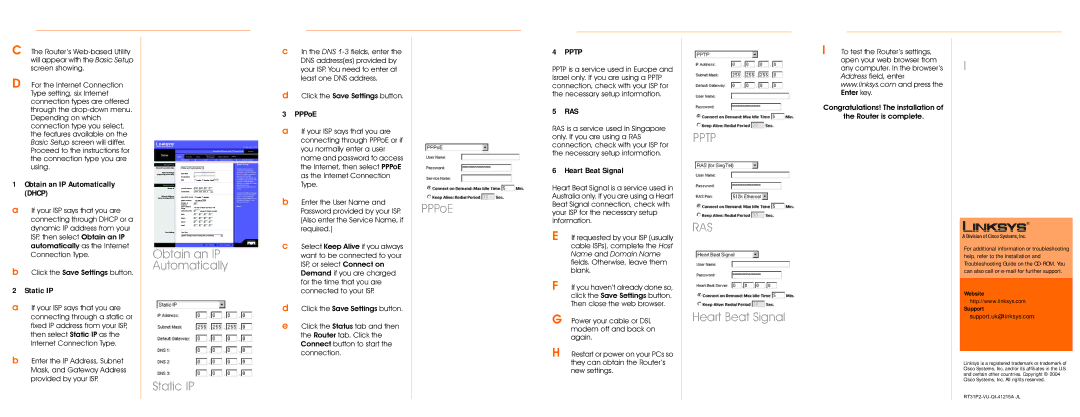 Linksys RT31P2-VU manual Obtain an IP Automatically Static IP, PPPoE, Heart Beat Signal, Pptp, Ras 