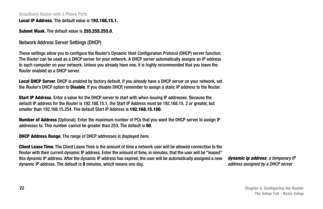 Linksys RT31P2 manual Network Address Server Settings Dhcp 