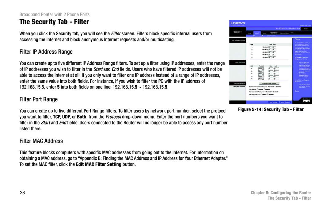 Linksys RT31P2 manual Security Tab Filter, Filter IP Address Range, Filter Port Range, Filter MAC Address 