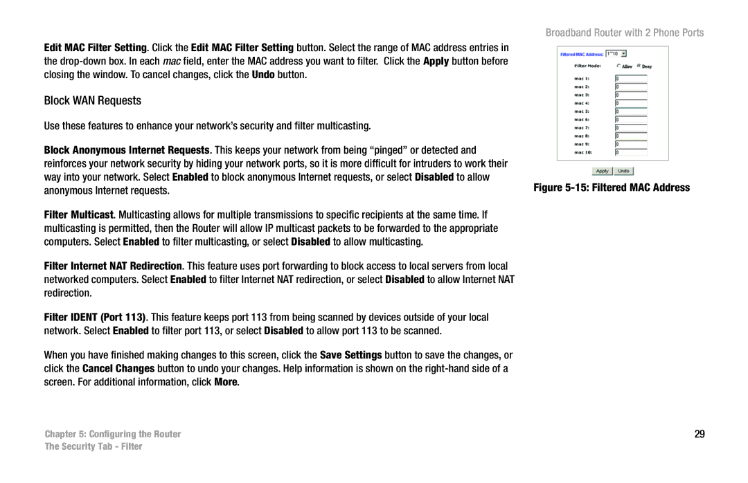 Linksys RT31P2 manual Block WAN Requests, Filtered MAC Address 