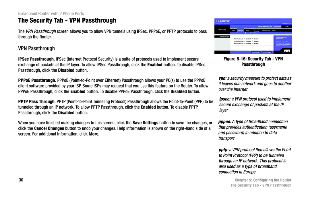 Linksys RT31P2 manual Security Tab VPN Passthrough 