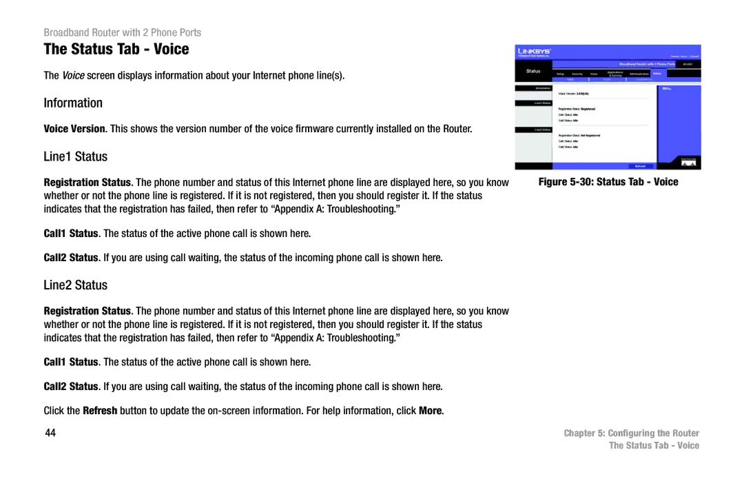 Linksys RT31P2 manual Status Tab Voice, Information, Line1 Status, Line2 Status 