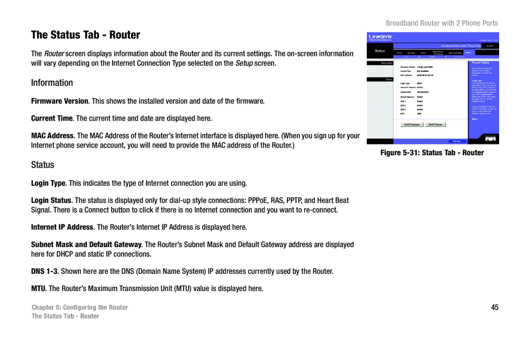 Linksys RT31P2 manual Status Tab Router 