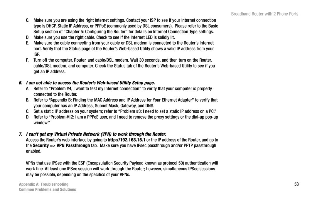 Linksys RT31P2 manual Am not able to access the Router’s Web-based Utility Setup 