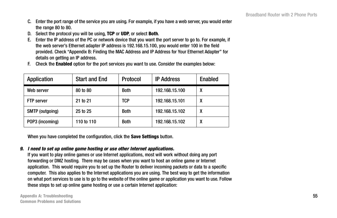 Linksys RT31P2 manual Application Start and End Protocol IP Address Enabled, Tcp 