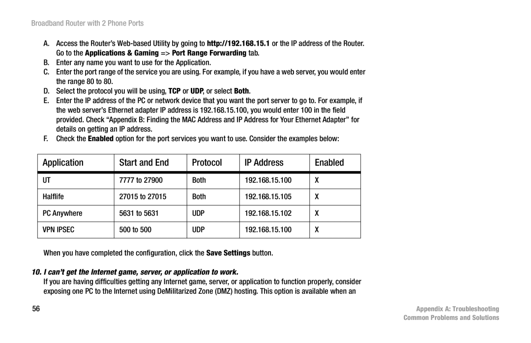 Linksys RT31P2 manual Can’t get the Internet game, server, or application to work 