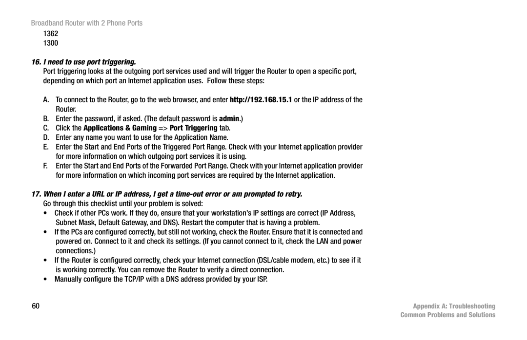 Linksys RT31P2 manual Need to use port triggering 