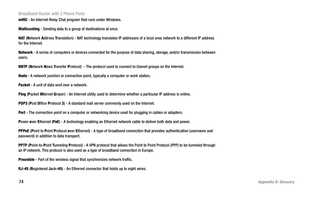 Linksys RT31P2 manual Packet a unit of data sent over a network 