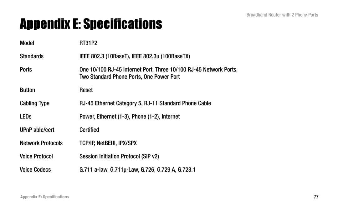 Linksys RT31P2 manual Appendix E Specifications, Two Standard Phone Ports, One Power Port 