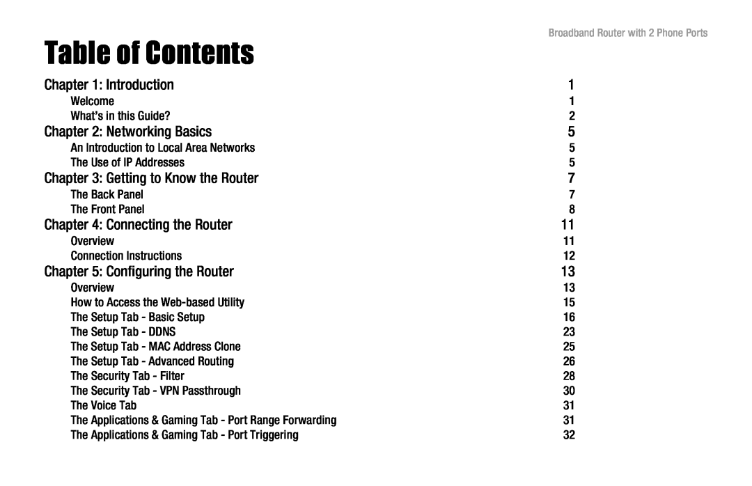 Linksys RT31P2 manual Table of Contents, Introduction, Networking Basics, Getting to Know the Router, Connecting the Router 