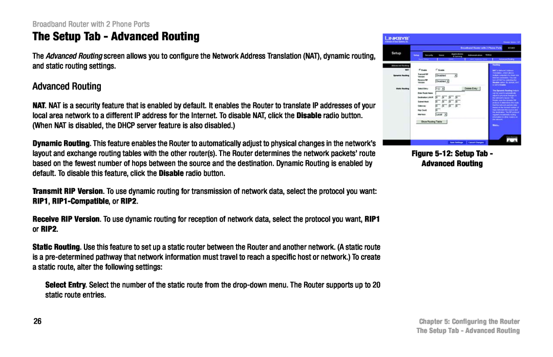 Linksys RT31P2 manual The Setup Tab - Advanced Routing, Broadband Router with 2 Phone Ports 