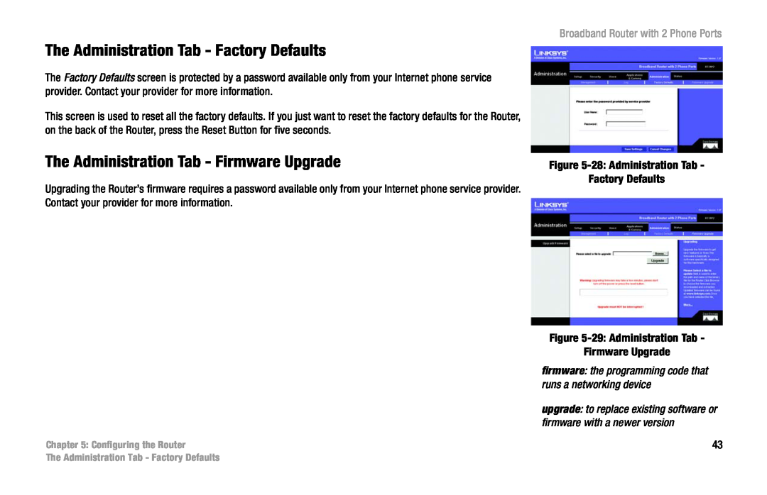 Linksys RT31P2 manual The Administration Tab - Factory Defaults, The Administration Tab - Firmware Upgrade 