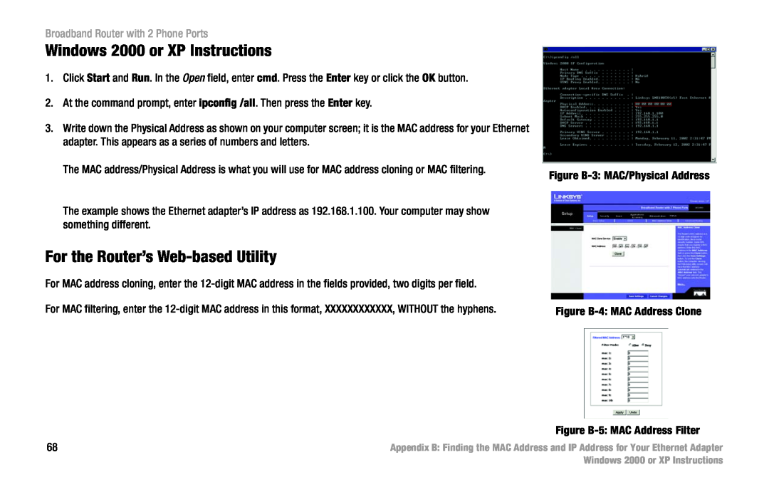 Linksys RT31P2 Windows 2000 or XP Instructions, For the Router’s Web-based Utility, Broadband Router with 2 Phone Ports 