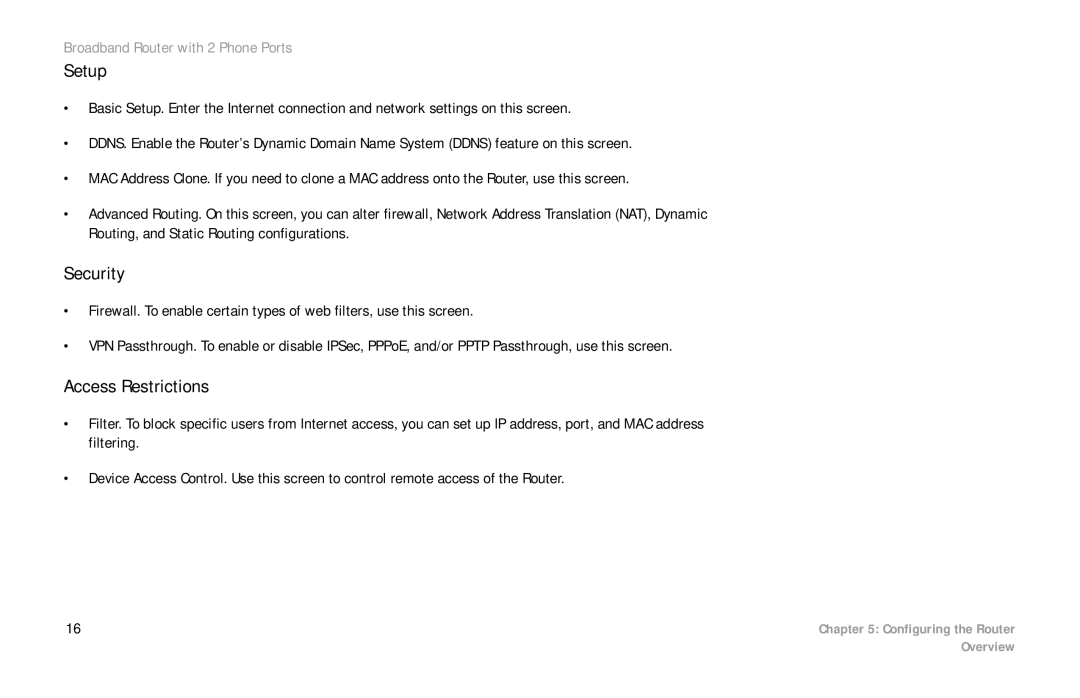 Linksys RTP300 manual Setup, Security, Access Restrictions 