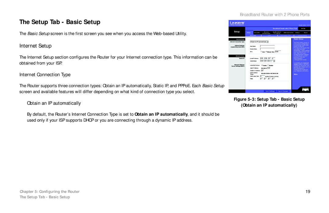 Linksys RTP300 manual Setup Tab Basic Setup, Internet Setup, Internet Connection Type, Obtain an IP automatically 