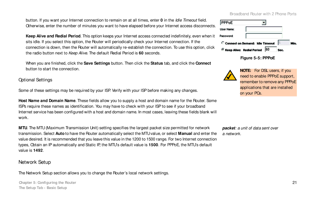 Linksys RTP300 manual Network Setup, Optional Settings, Packet a unit of data sent over a network 