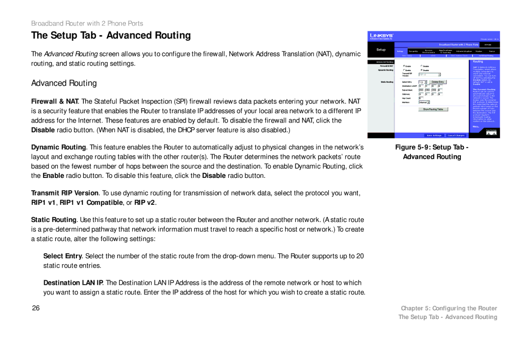 Linksys RTP300 manual Setup Tab Advanced Routing 