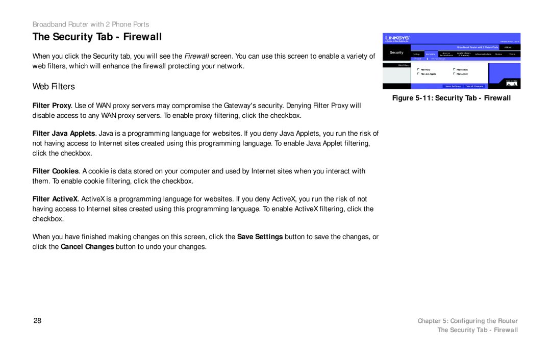 Linksys RTP300 manual Security Tab Firewall, Web Filters 