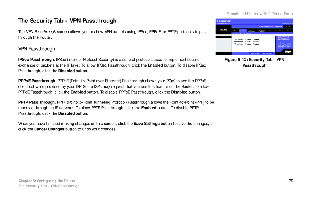 Linksys RTP300 manual Security Tab VPN Passthrough 