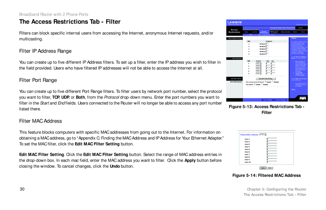 Linksys RTP300 manual Access Restrictions Tab Filter, Filter IP Address Range, Filter Port Range, Filter MAC Address 