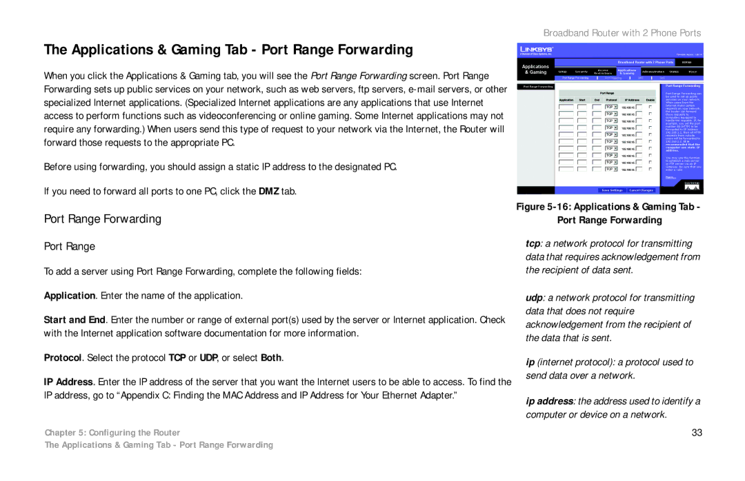 Linksys RTP300 manual Applications & Gaming Tab Port Range Forwarding 