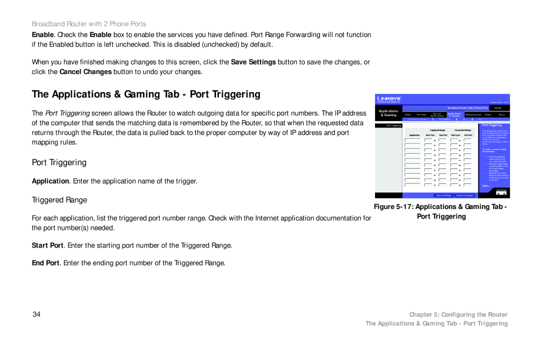 Linksys RTP300 manual Applications & Gaming Tab Port Triggering, Triggered Range 